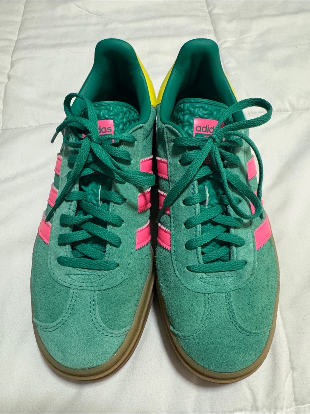 adidas Green Suede Sneakers with Pink Stripes